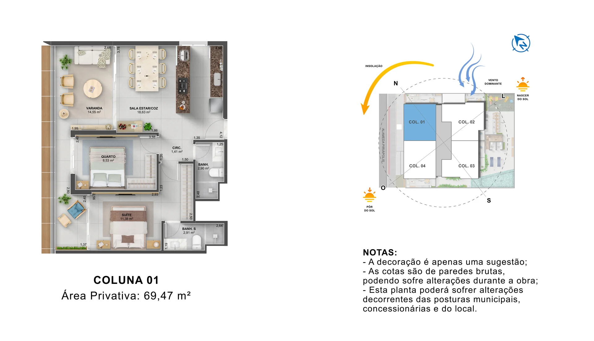 Planta Humanizada 2 Quartos com Suíte (Coluna 01 | 69,47 m²) - 1 Vaga
