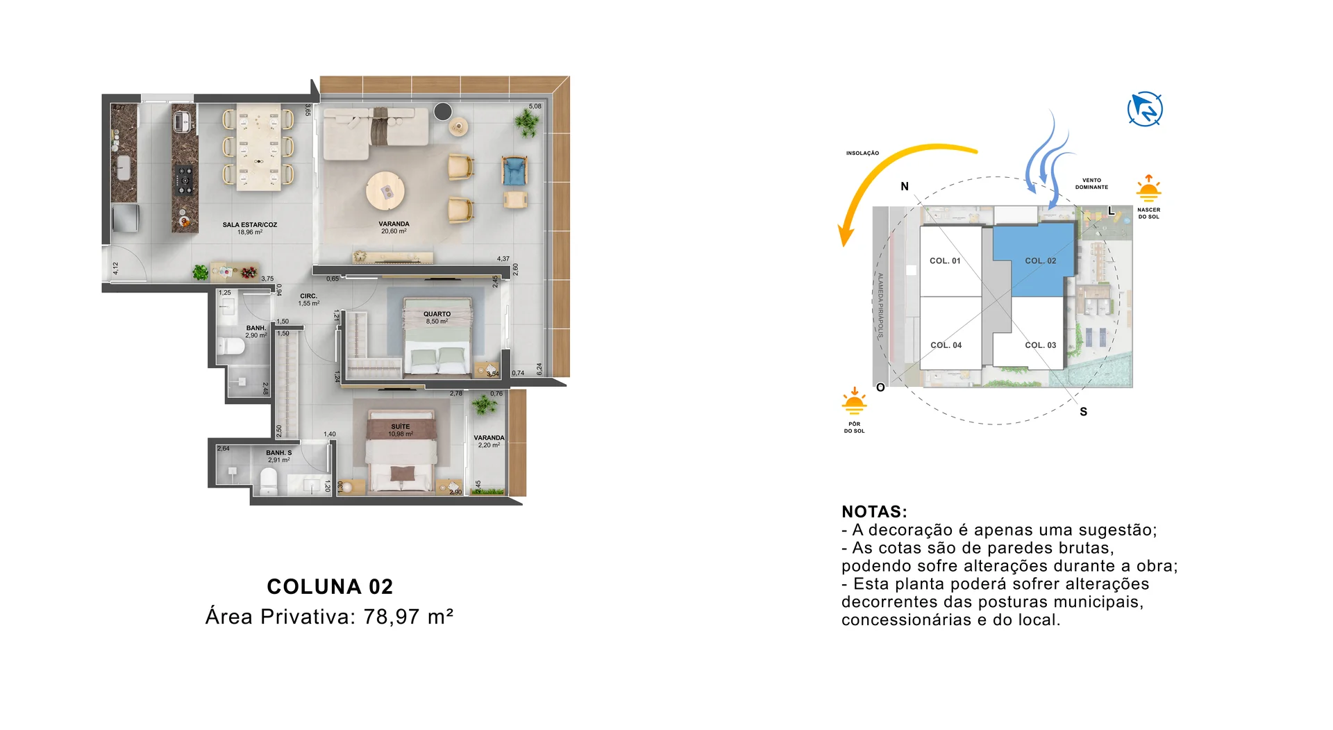 Planta Humanizada 2 Quartos com Suíte Ampliado (Coluna 02 | 78,97 m²) - 1 ou 2 Vagas
