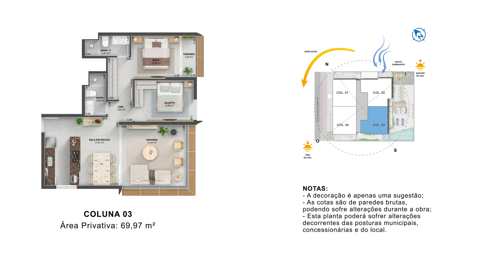 Planta Humanizada 2 Quartos com Suíte (Coluna 03 | 69,97 m²) - 1 Vaga