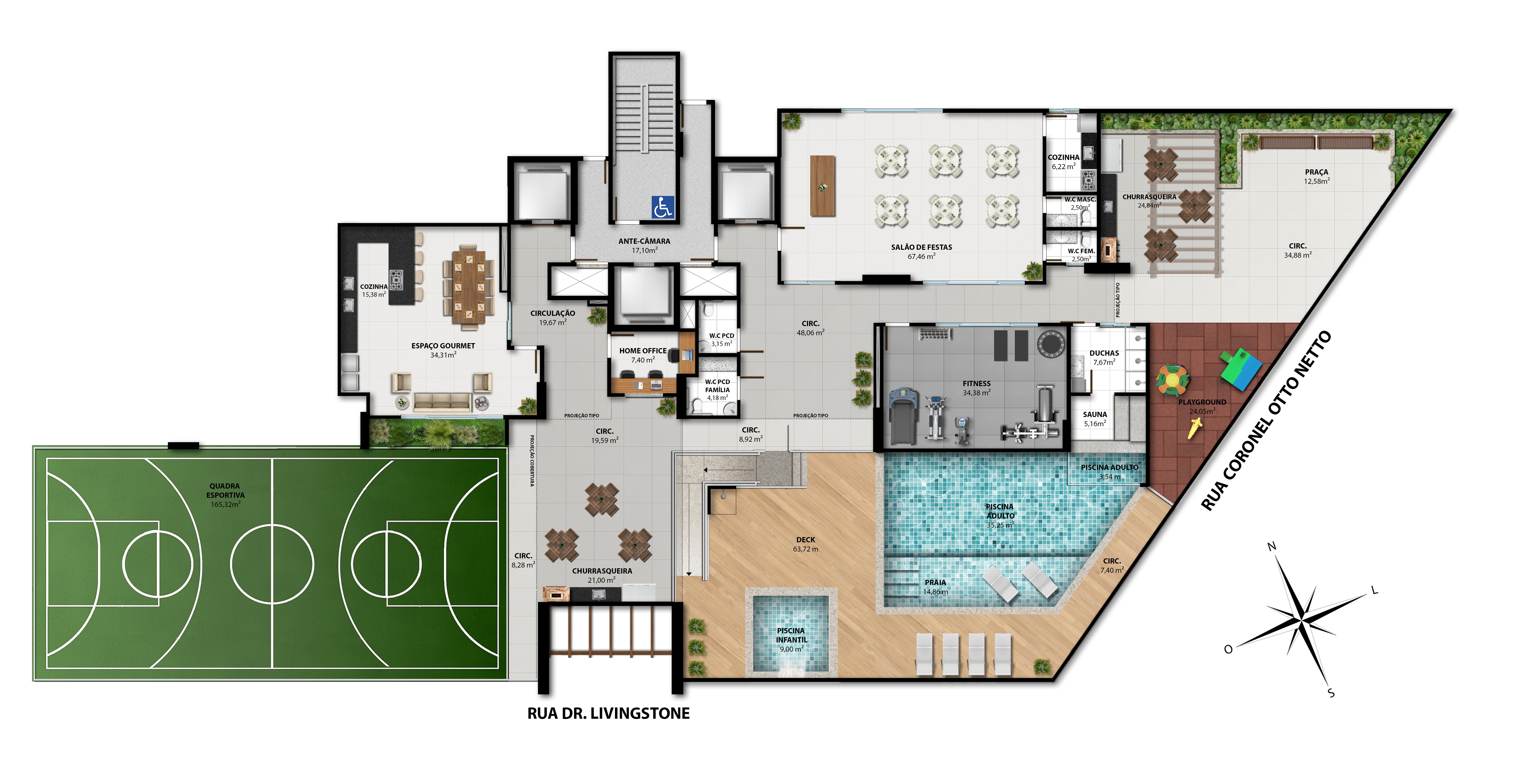 Masterplan da área de lazer de 845 m² no pilotis