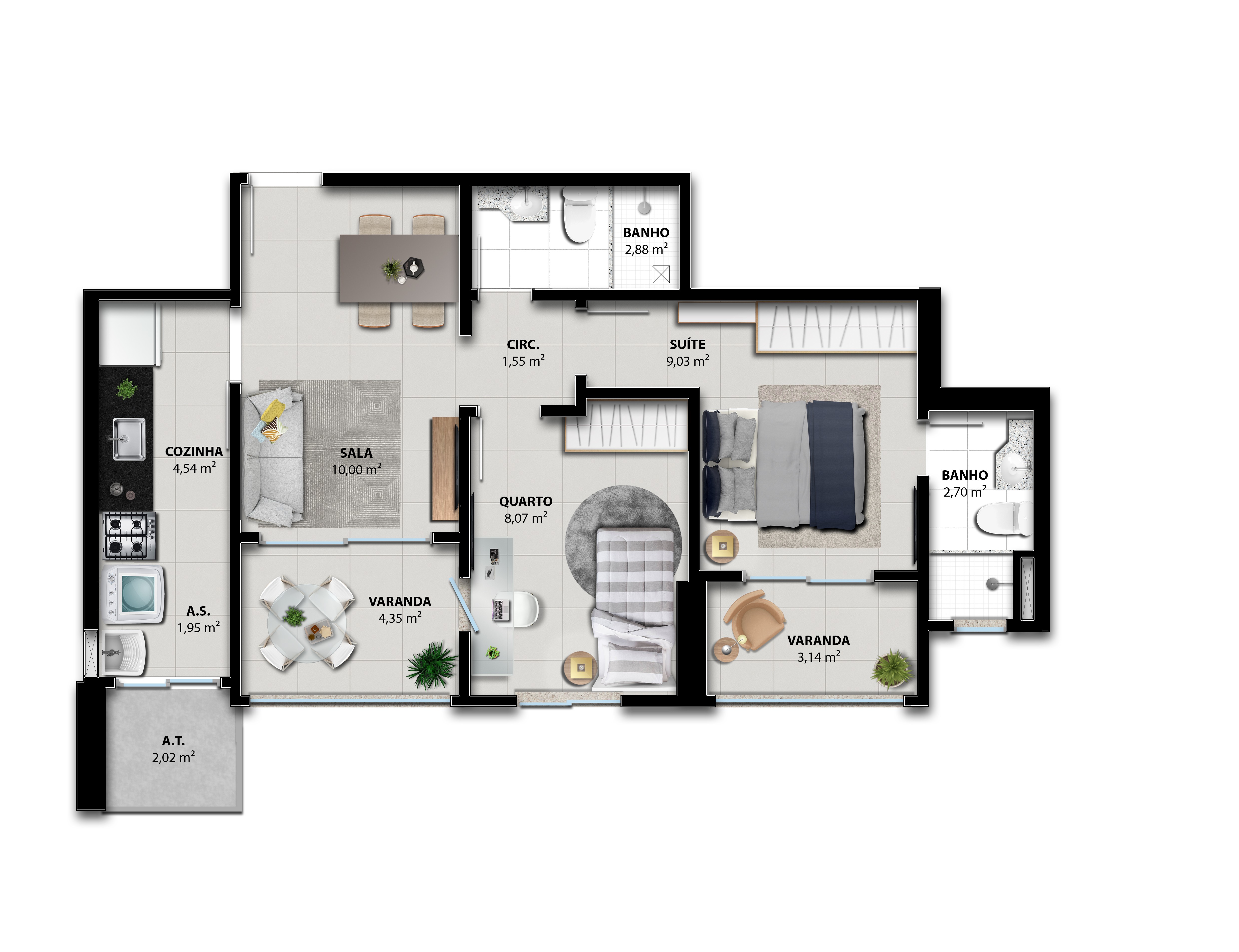 Planta Humanizada Coluna 04 - 2 Quartos com Suíte (59,05 m²) - Brisa Boulevard