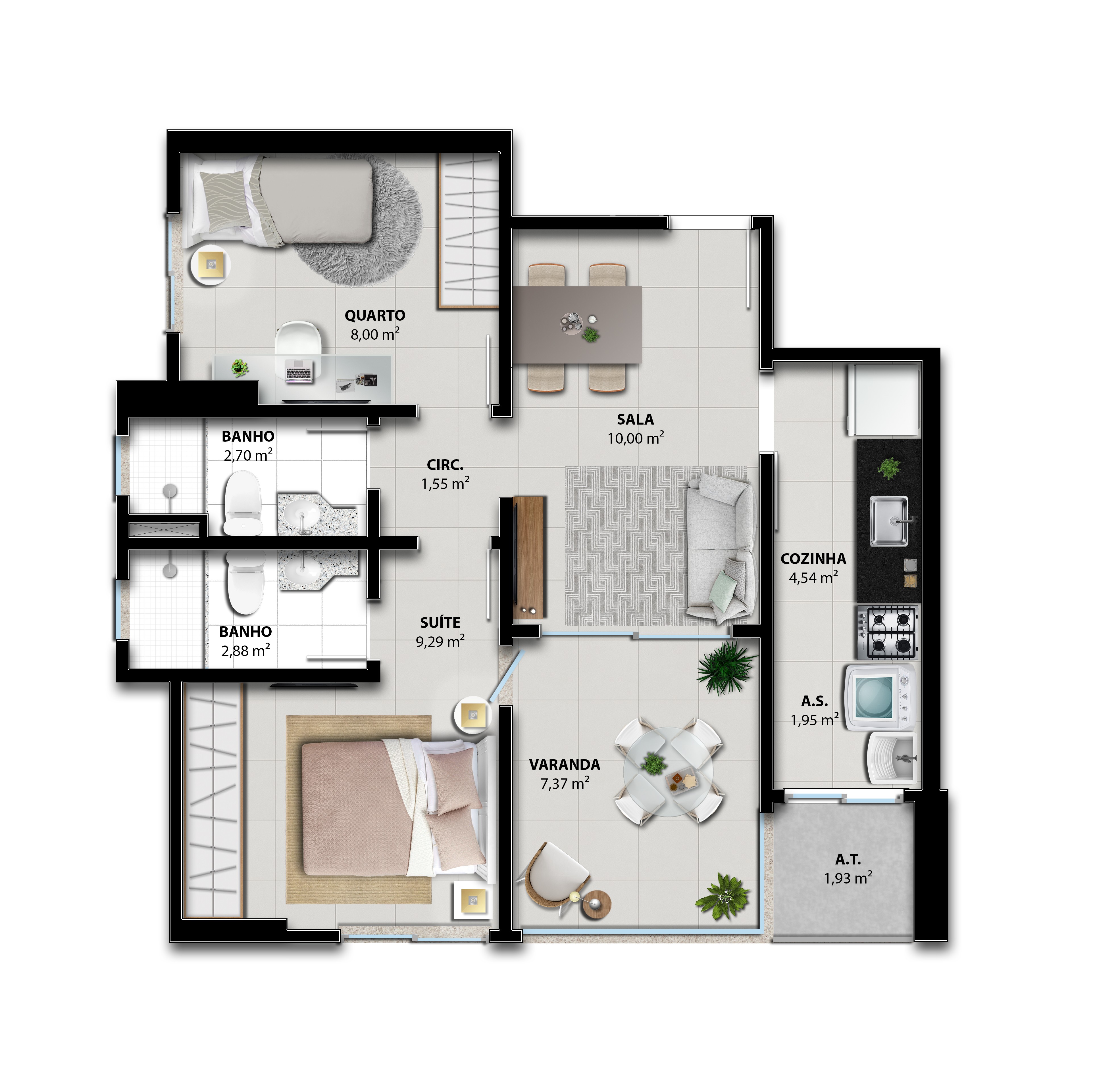 Planta Humanizada Coluna 05 - 2 Quartos com Suíte (58,78 m²) - Brisa Boulevard