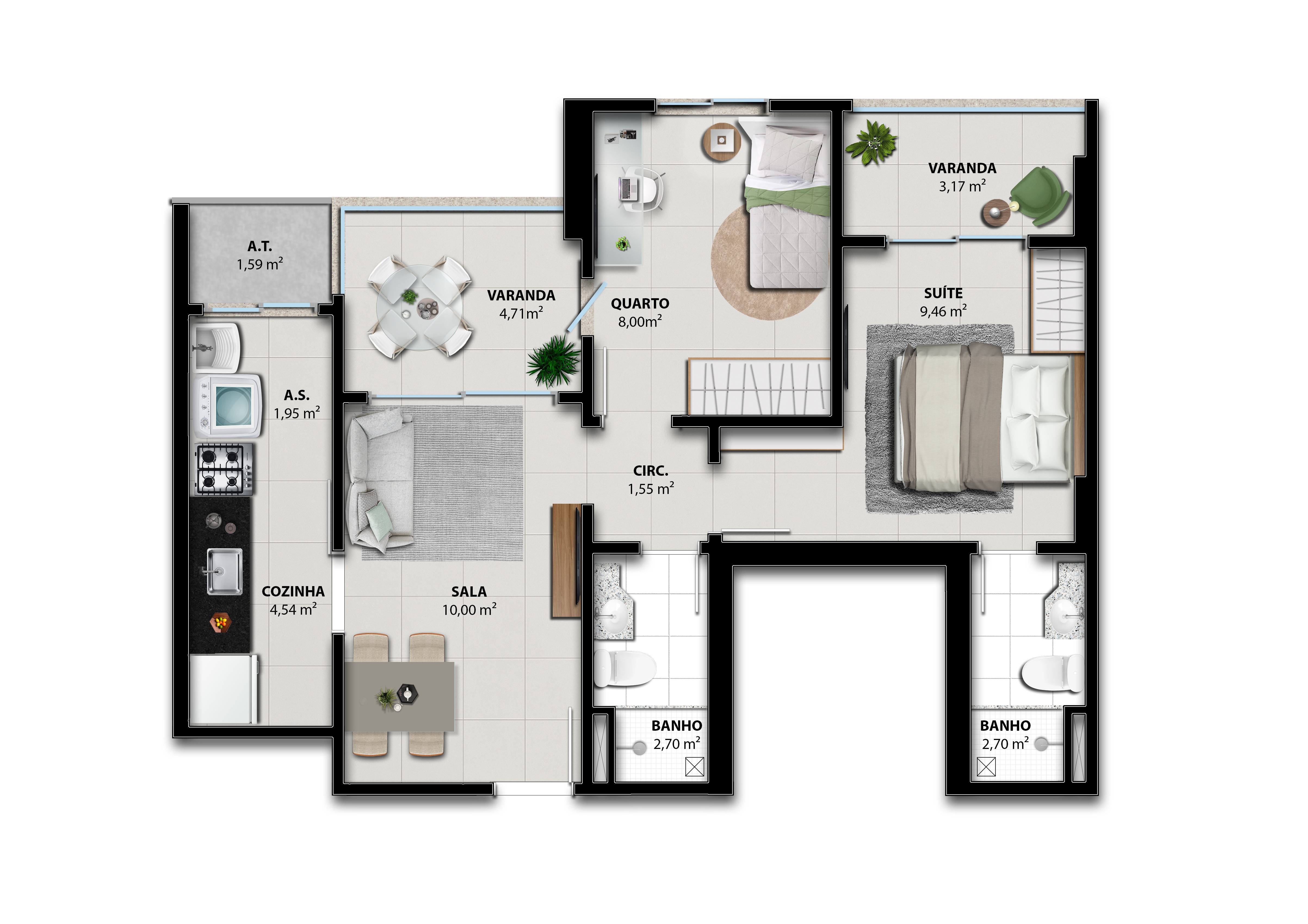 Planta Humanizada Coluna 07 - 2 Quartos com Suíte (59,27 m²) - Brisa Boulevard