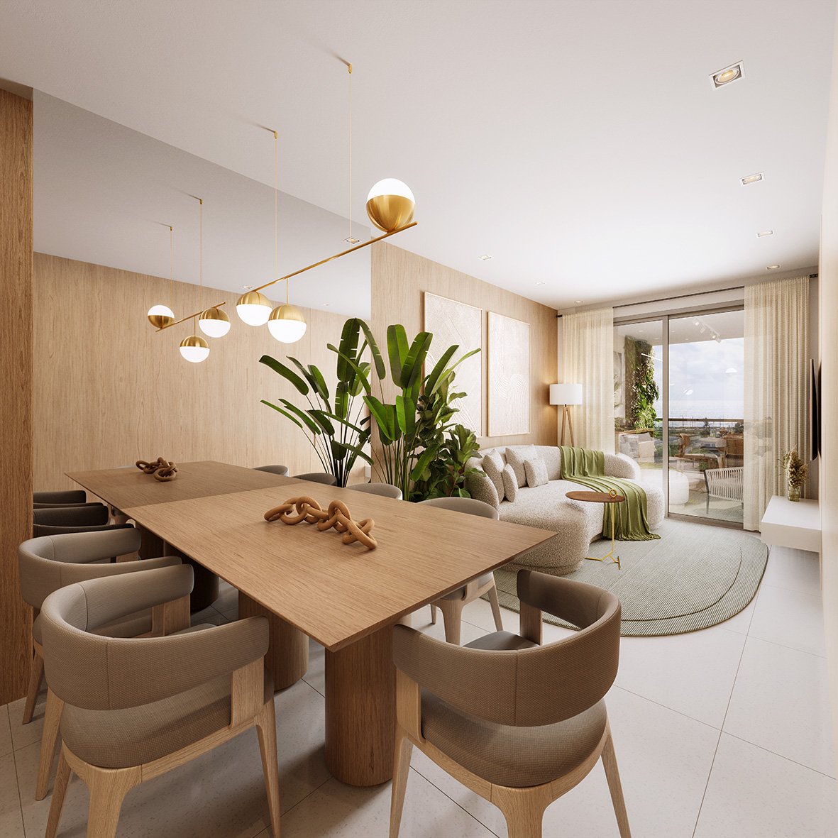Living integrado amplo com sala de estar e jantar com rebaixamento em gesso