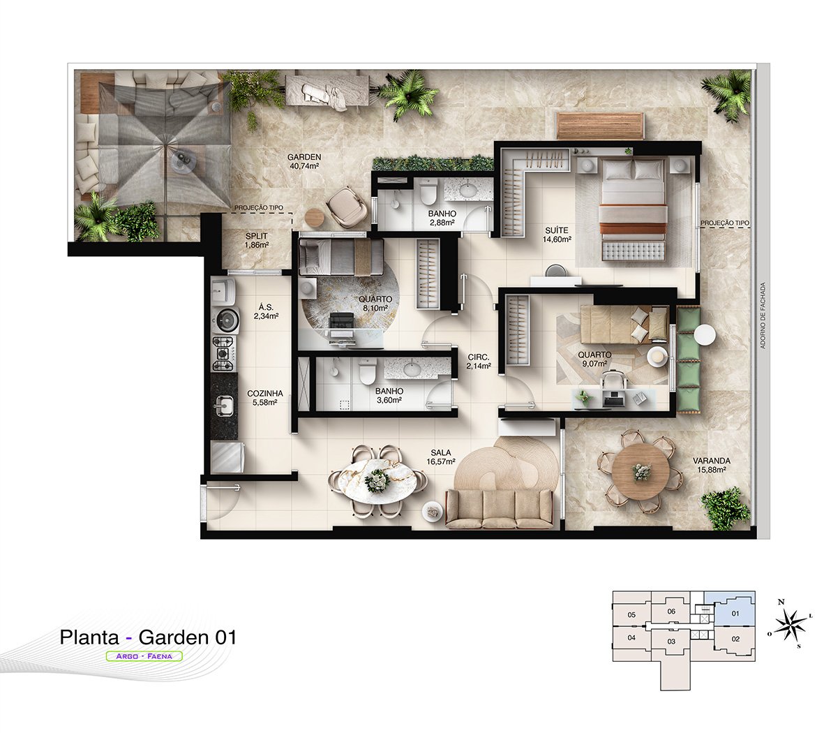 Planta Humanizada Garden 01 - 3 Quartos com Suíte e Terraço Privativo (139,44 m²)
