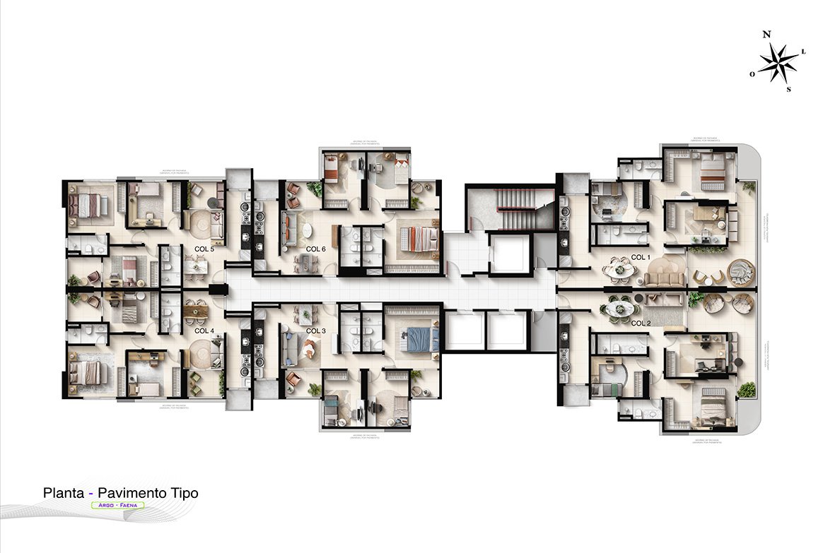 Planta Humanizada do Pavimento Tipo com 6 unidades e 3 elevadores