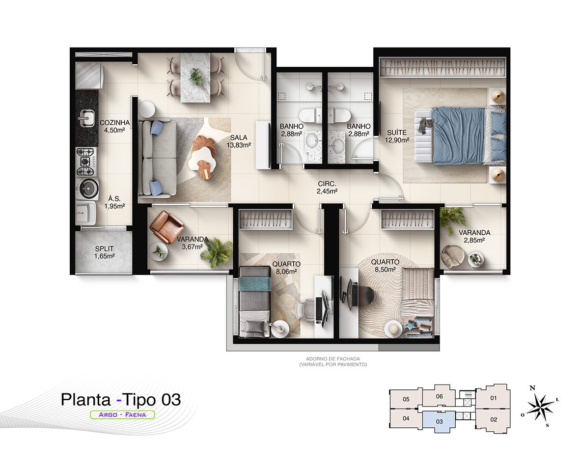 Planta Humanizada Tipo 03 - 3 Quartos com Suíte (75,06 m²) e 2 Vagas
