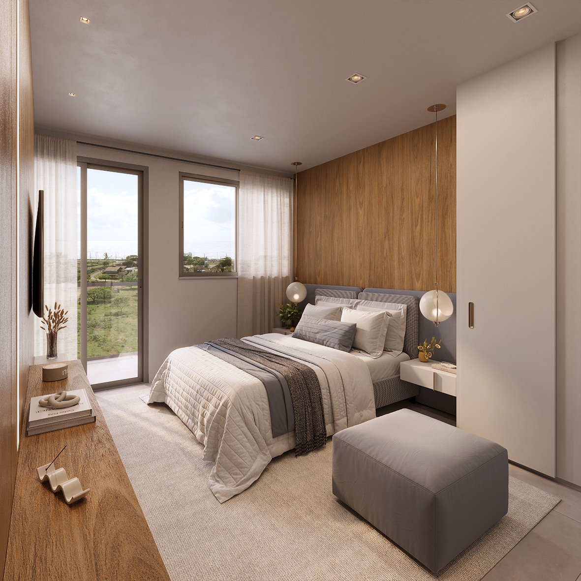 Suíte master espaçosa de casal com isolamento acústico e infraestrutura para split