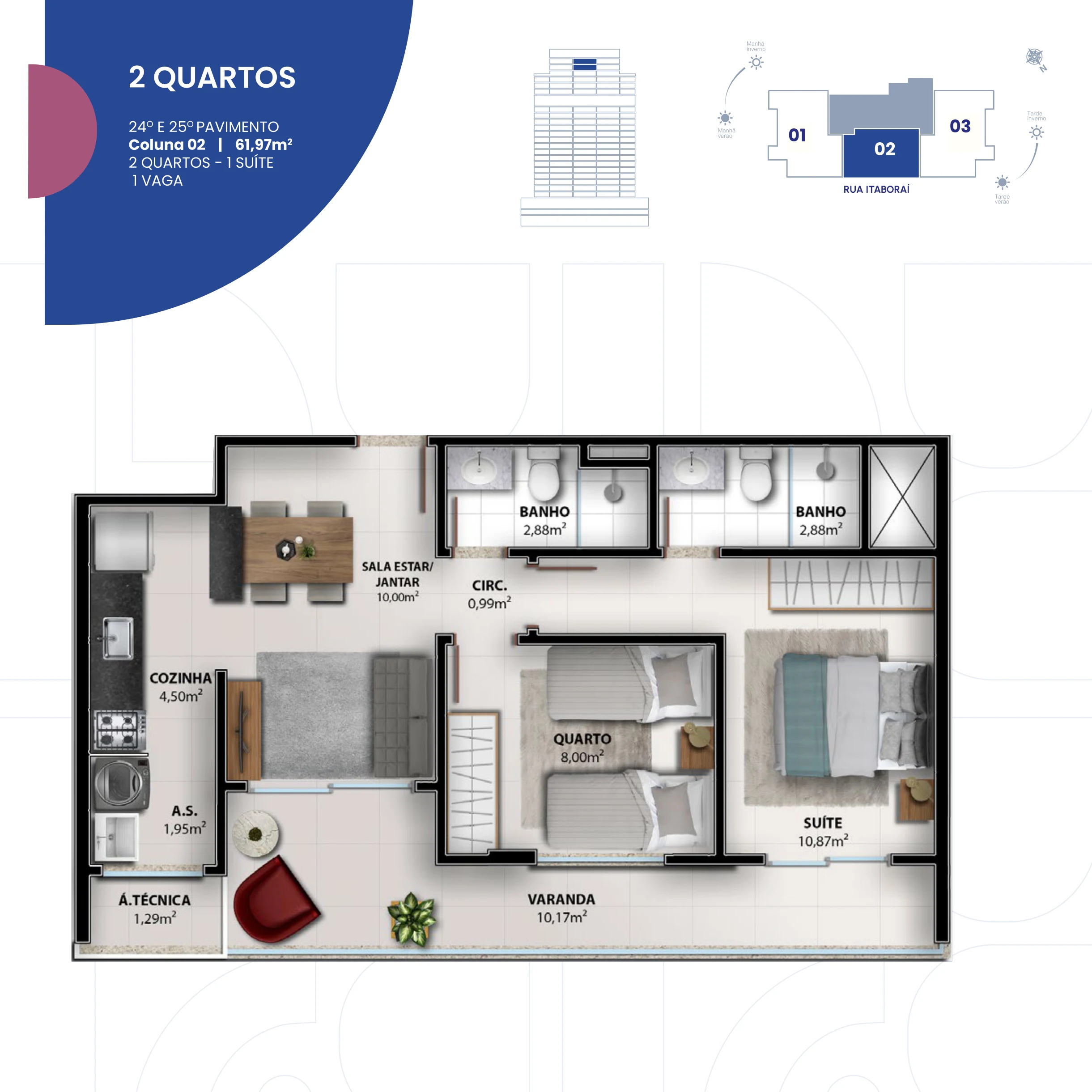 2 Quartos com 1 Suíte (Coluna 02 | 61,97 m² - 24º e 25º Pavimento) - 1 Vaga