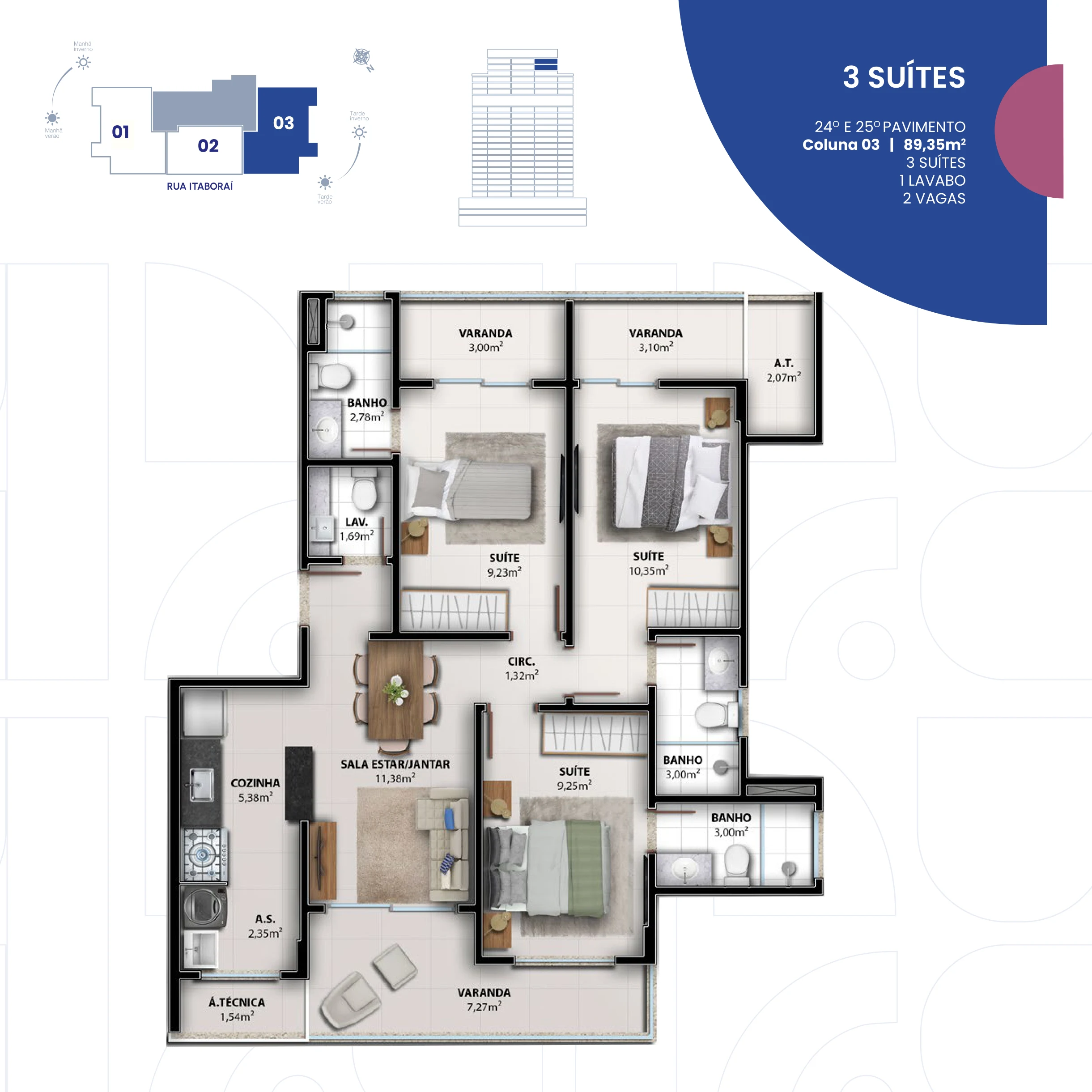 3 Suítes Plenas + Lavabo (Coluna 03 | 89,35 m² - 24º e 25º Pavimento) - 2 Vagas