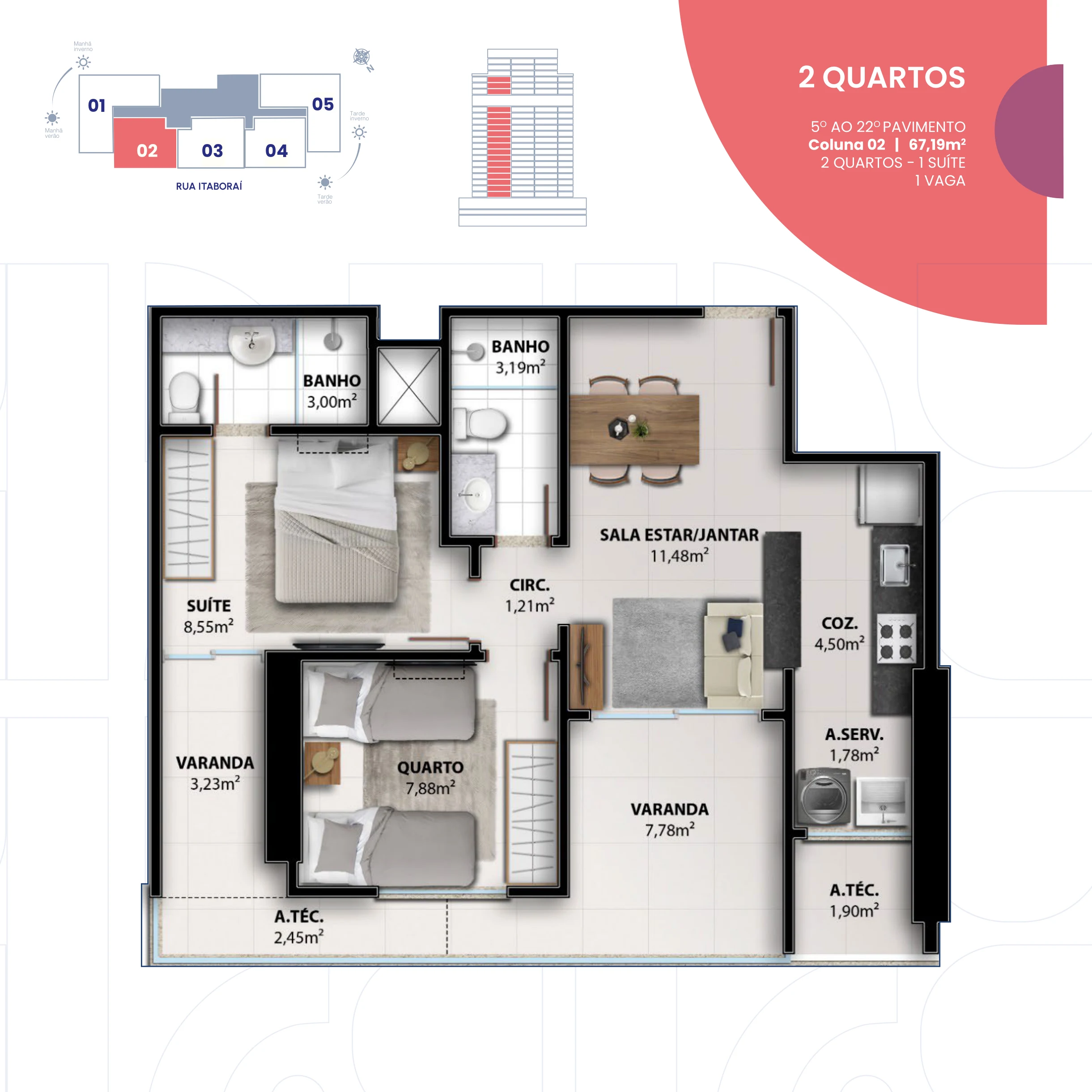 2 Quartos com 1 Suíte (Coluna 02 | 67,19 m² - 5º ao 22º Pavimento) - 1 Vaga