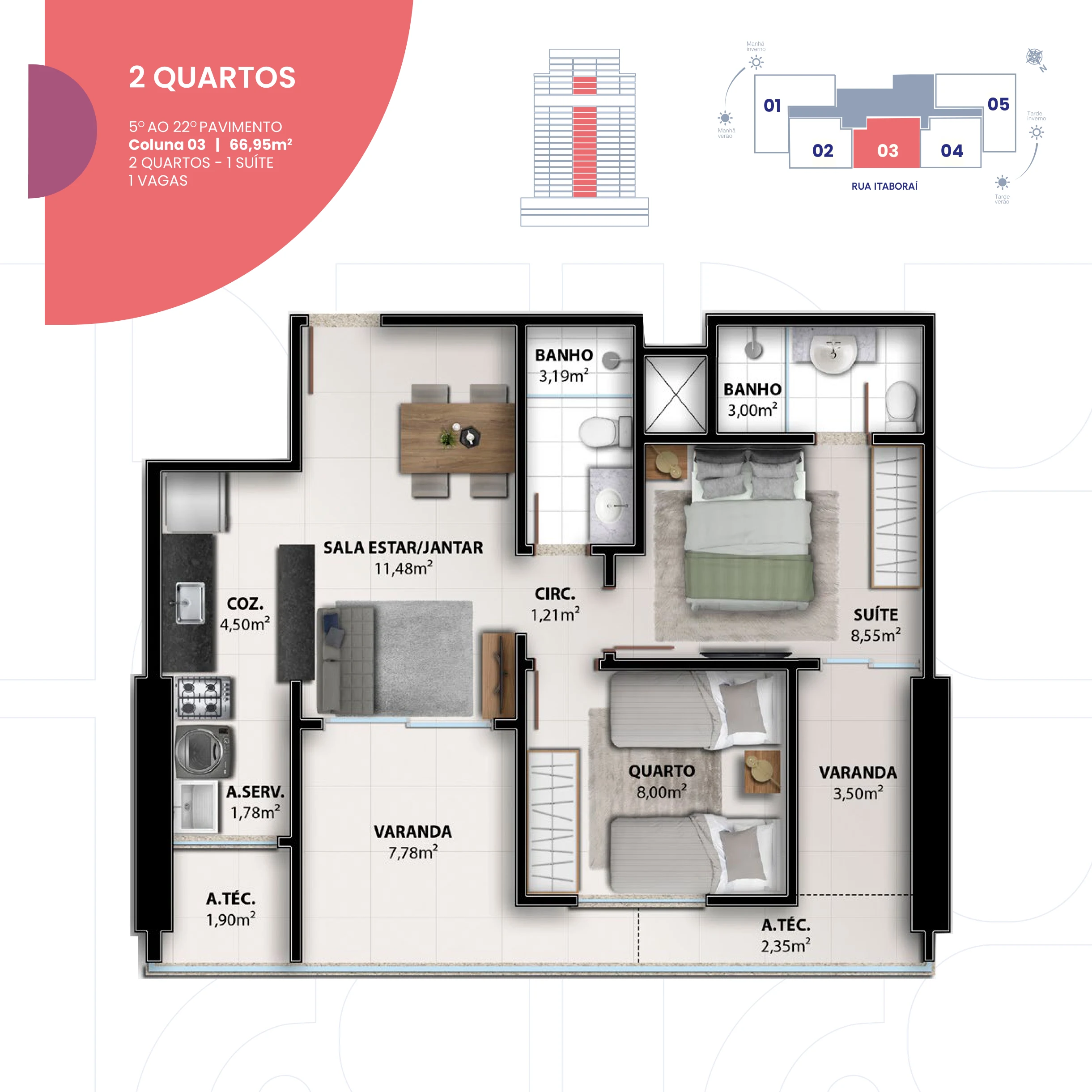 2 Quartos com 1 Suíte (Coluna 03 | 66,95 m² - 5º ao 22º Pavimento) - 1 Vaga