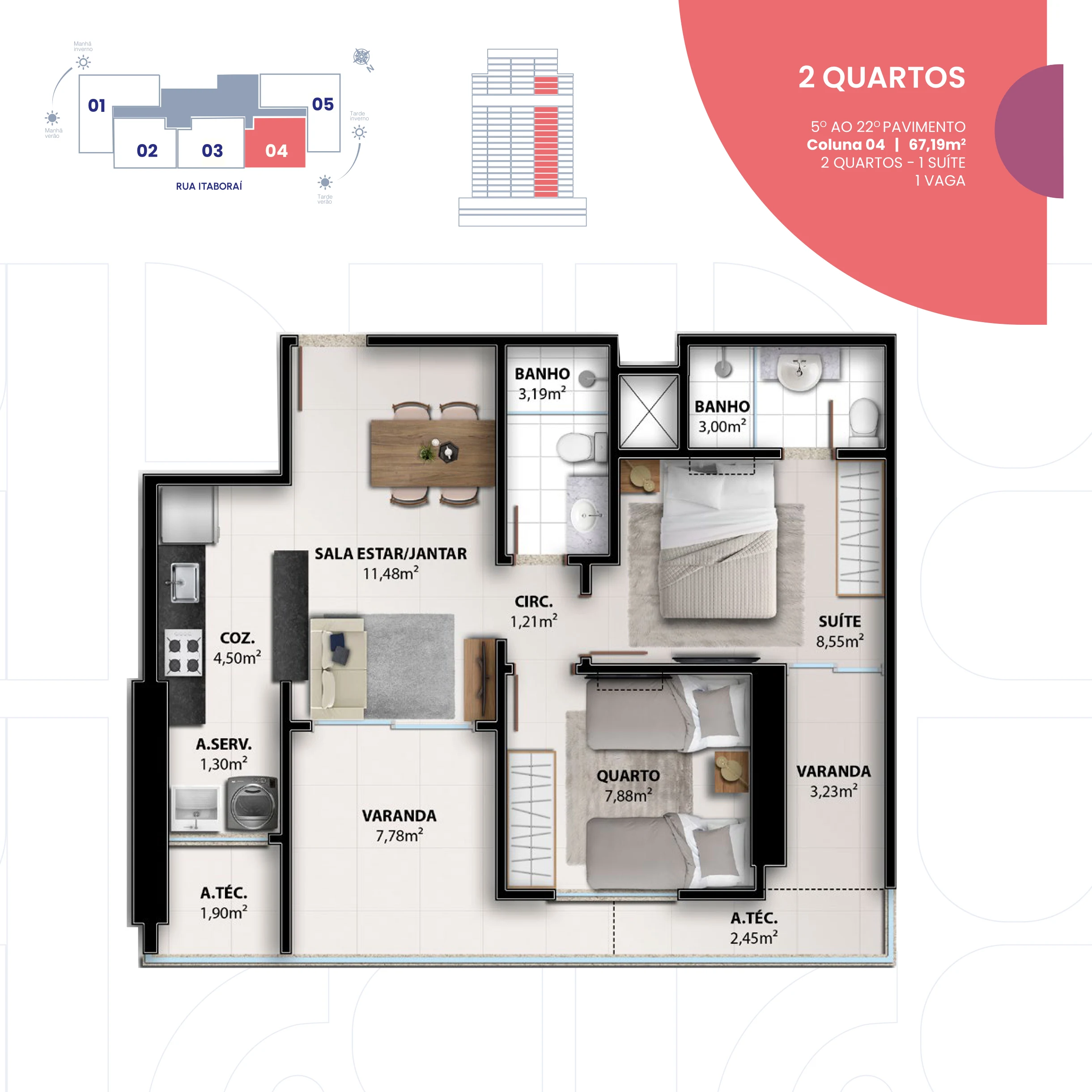 2 Quartos com 1 Suíte (Coluna 04 | 67,19 m² - 5º ao 22º Pavimento) - 1 Vaga