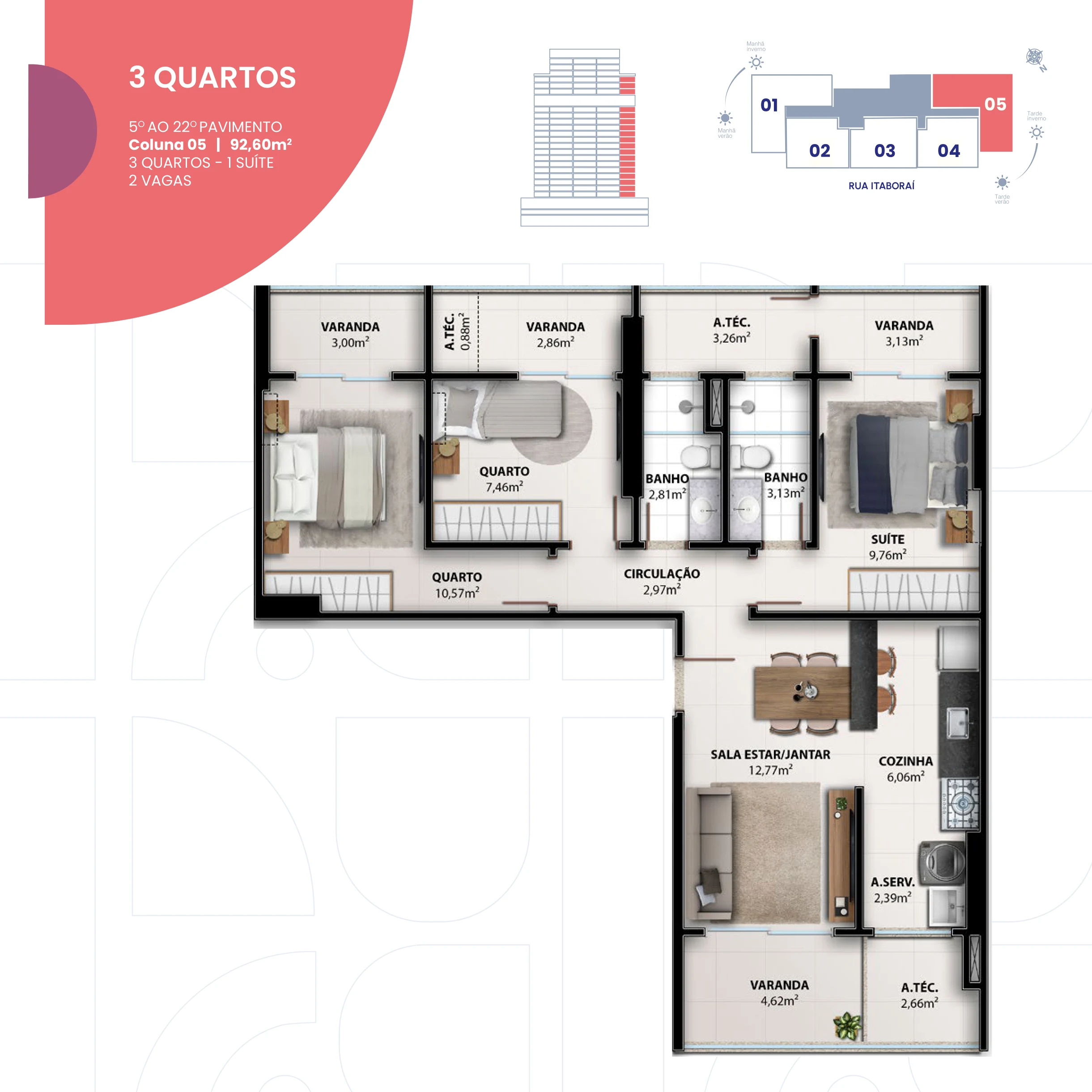 3 Quartos com 1 Suíte (Coluna 05 | 92,60 m² - 5º ao 22º Pavimento) - 2 Vagas