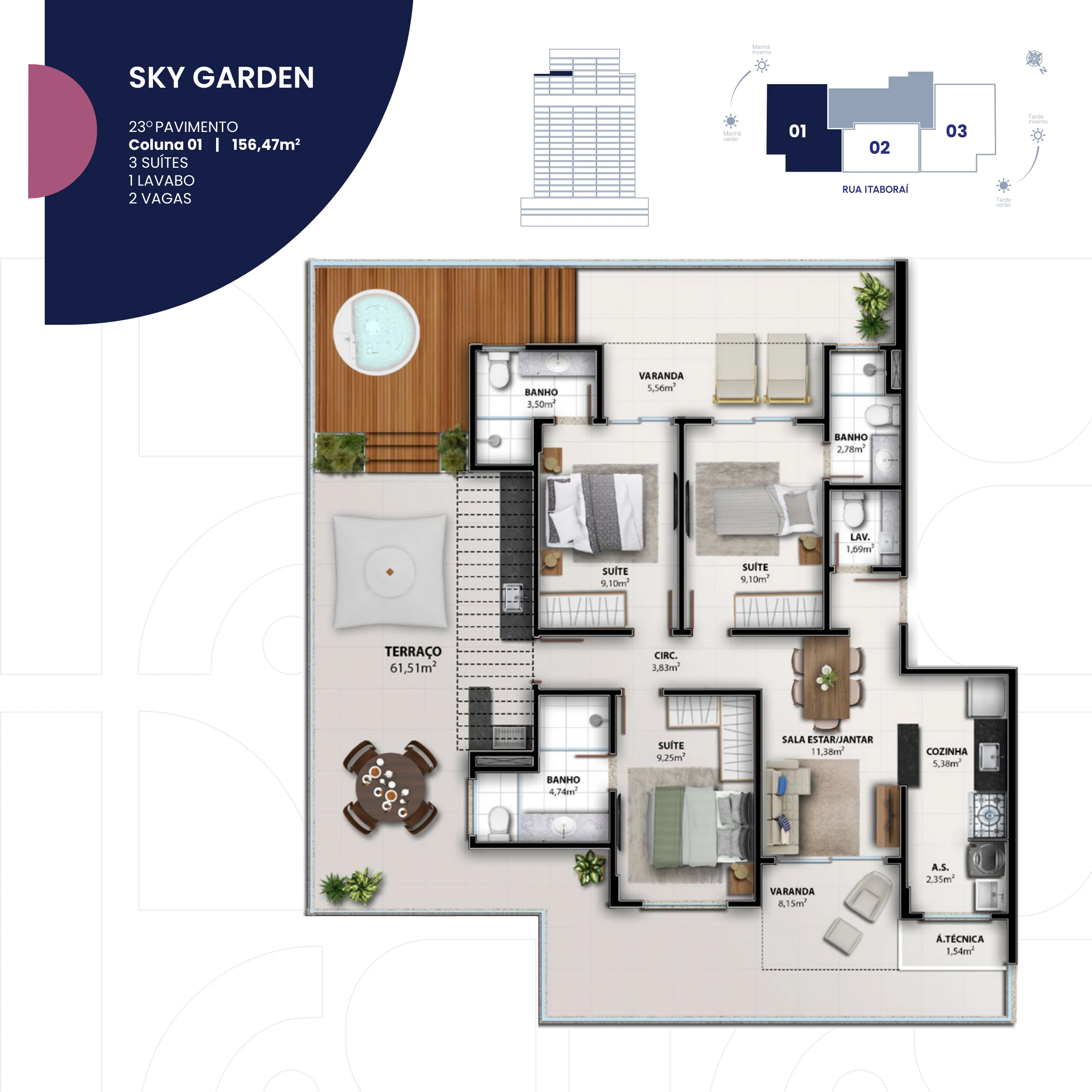 Sky Garden 3 Suítes + Lavabo (Coluna 01 | 156,47 m² - 23º Pavimento) - 2 Vagas
