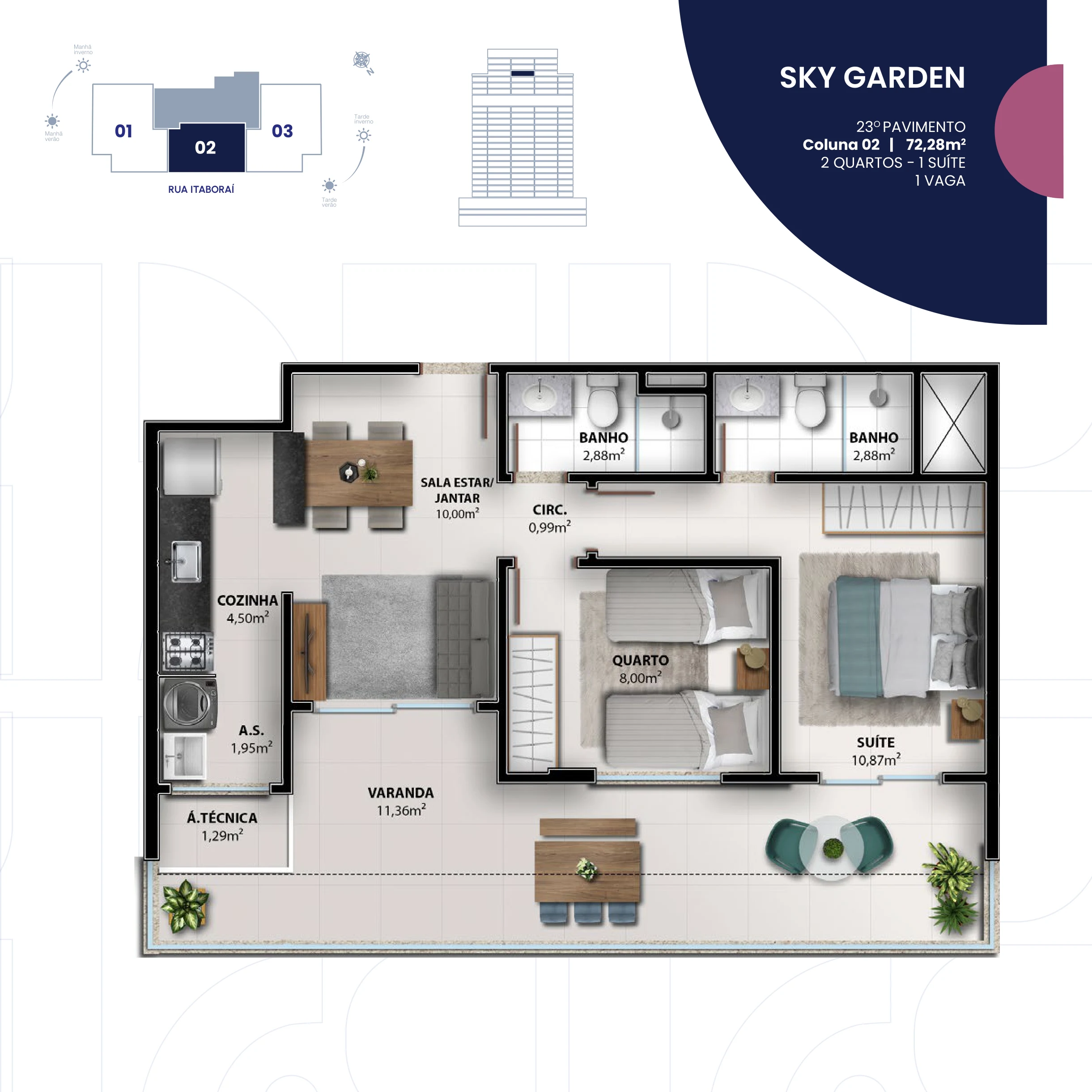 Sky Garden 2 Quartos com Suíte (Coluna 02 | 72,28 m² - 23º Pavimento) - 1 Vaga