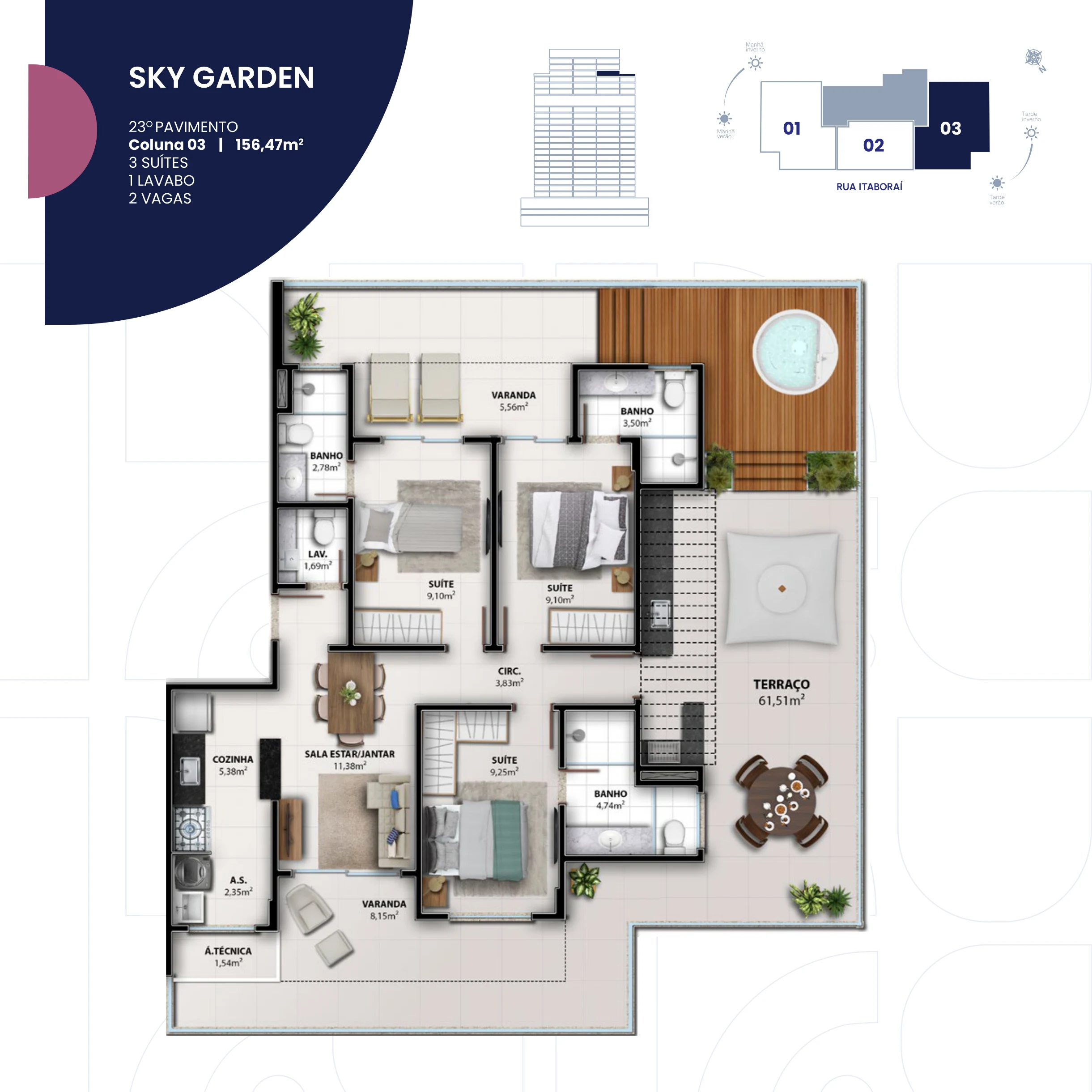 Sky Garden 3 Suítes + Lavabo (Coluna 03 | 156,47 m² - 23º Pavimento) - 2 Vagas