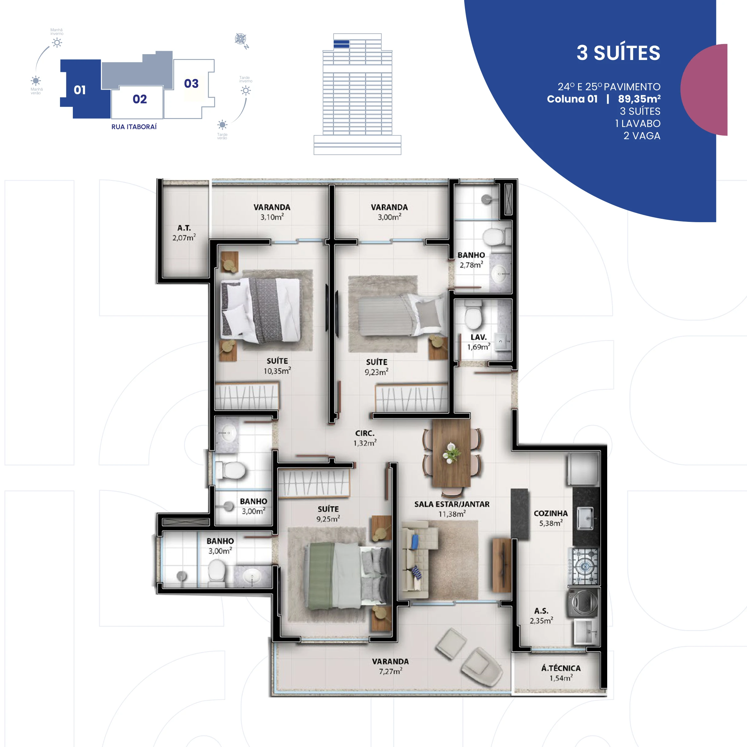 3 Suítes Plenas + Lavabo (Coluna 01 | 89,35 m² - 24º e 25º Pavimento) - 2 Vagas
