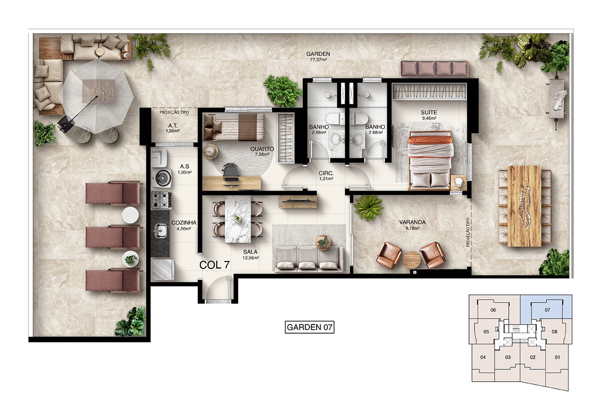 Planta Humanizada Garden 07 - 2 Quartos com Suíte (144,66 m²) - Kalena Residence