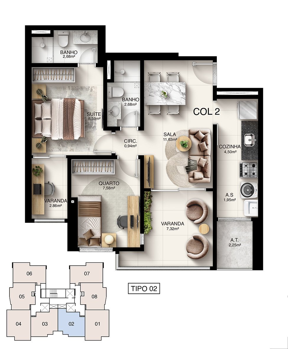 Planta Humanizada Tipo 02 - 2 Quartos com Suíte (62,36 m²) - Kalena Residence