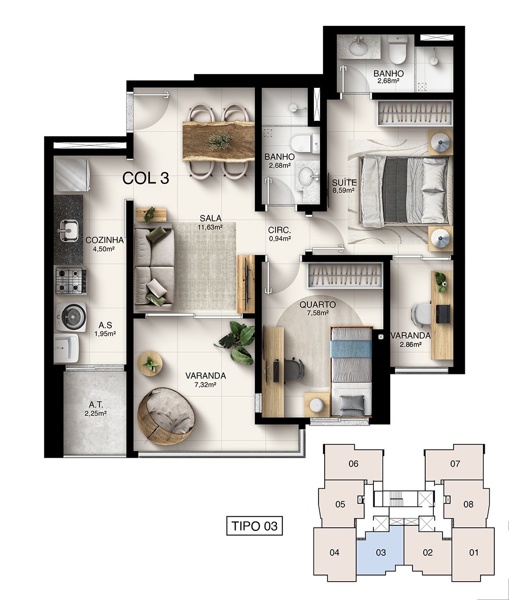 Planta Humanizada Tipo 03 - 2 Quartos com Suíte (62,36 m²) - Kalena Residence