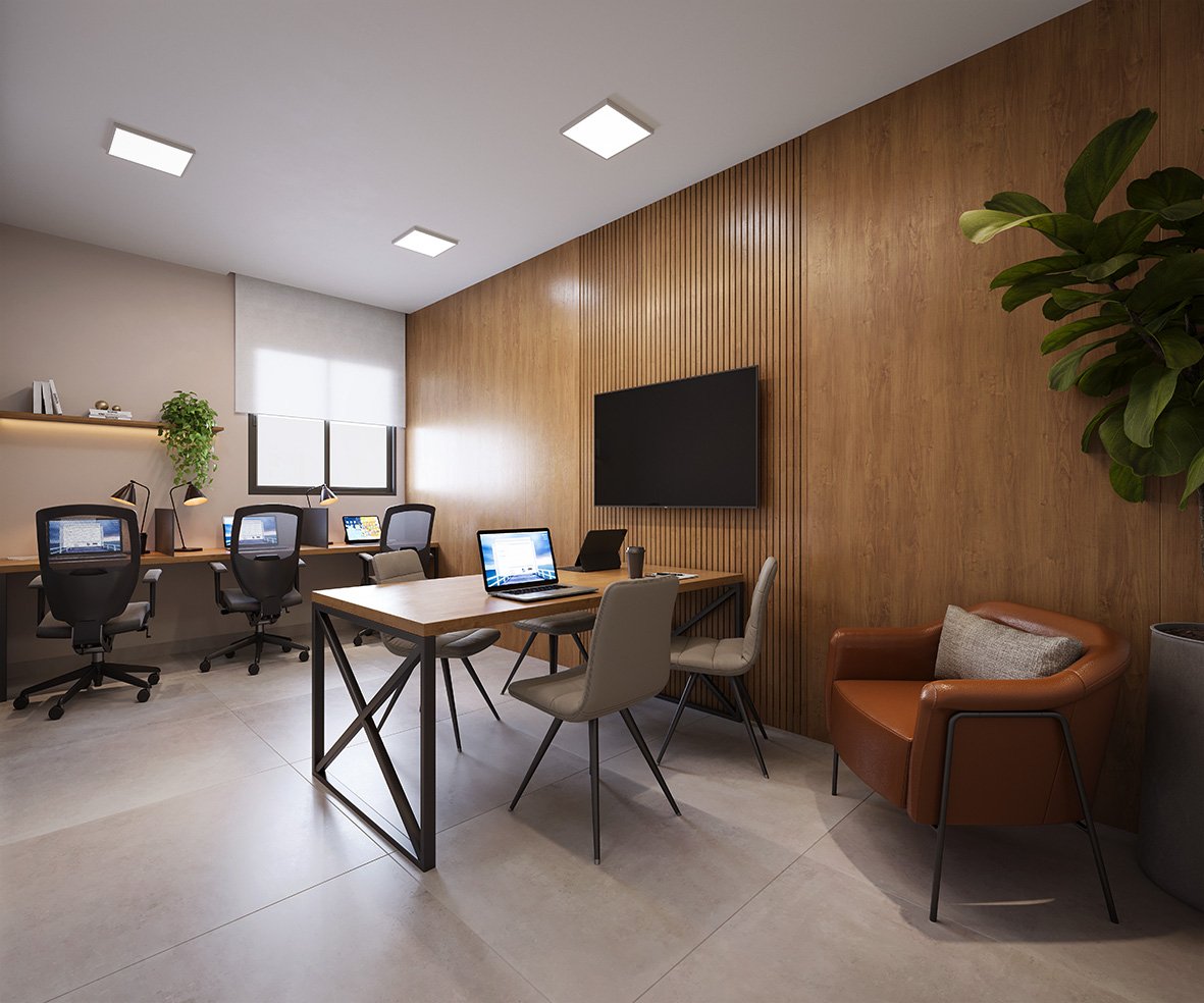Espaço Coworking climatizado com bancadas e tomadas para trabalho remoto