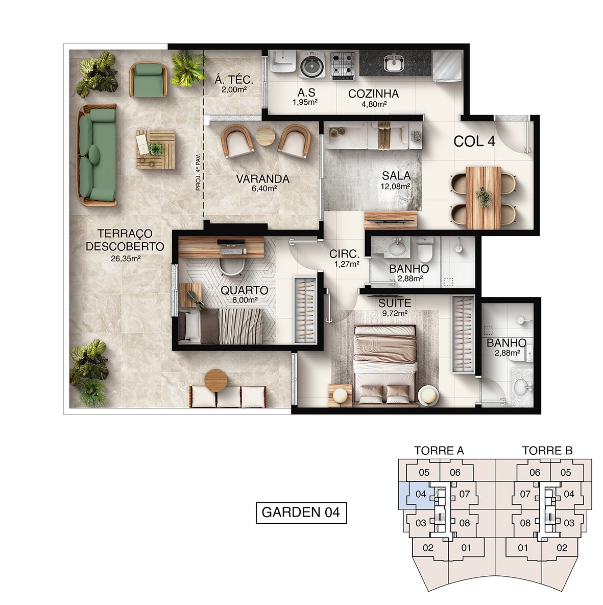 Planta Humanizada Garden 04 - 2 Quartos com Suíte - Macan Residence
