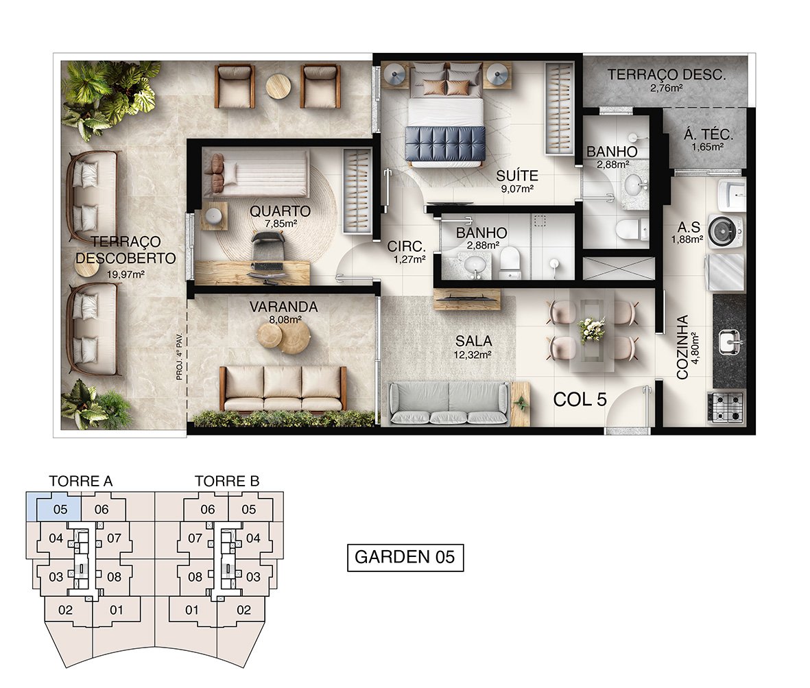 Planta Humanizada Garden 05 - 2 Quartos com Suíte - Macan Residence