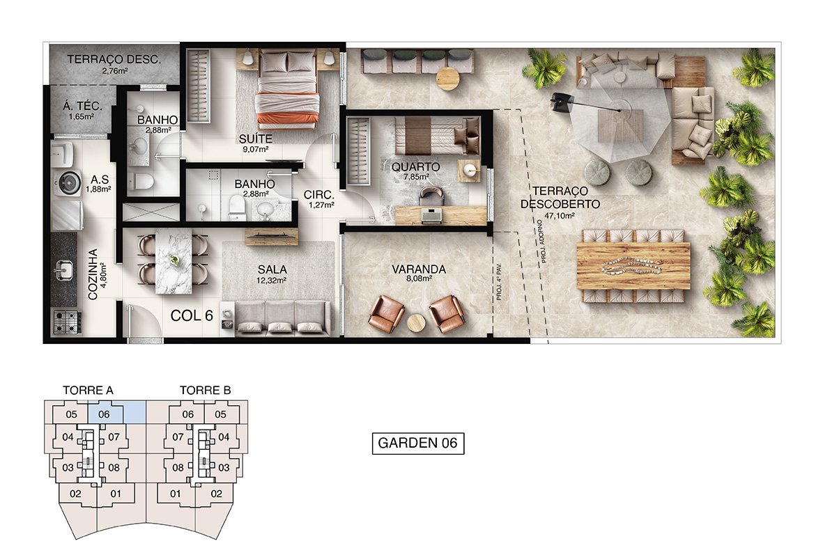 Planta Humanizada Garden 06 - 2 Quartos com Suíte - Macan Residence