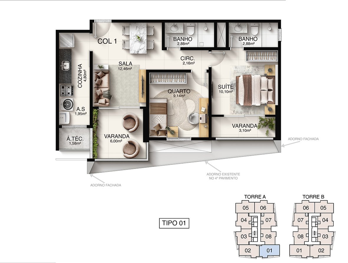 Planta Humanizada Tipo 01 - 2 Quartos com Suíte (66,17 m²) - Macan Residence