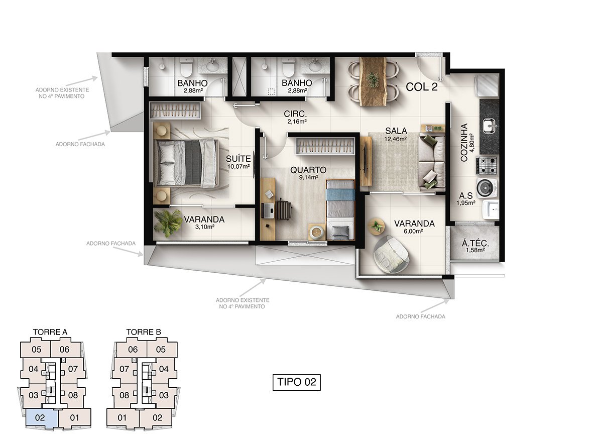 Planta Humanizada Tipo 02 - 2 Quartos com Suíte (66,07 m²) - Macan Residence