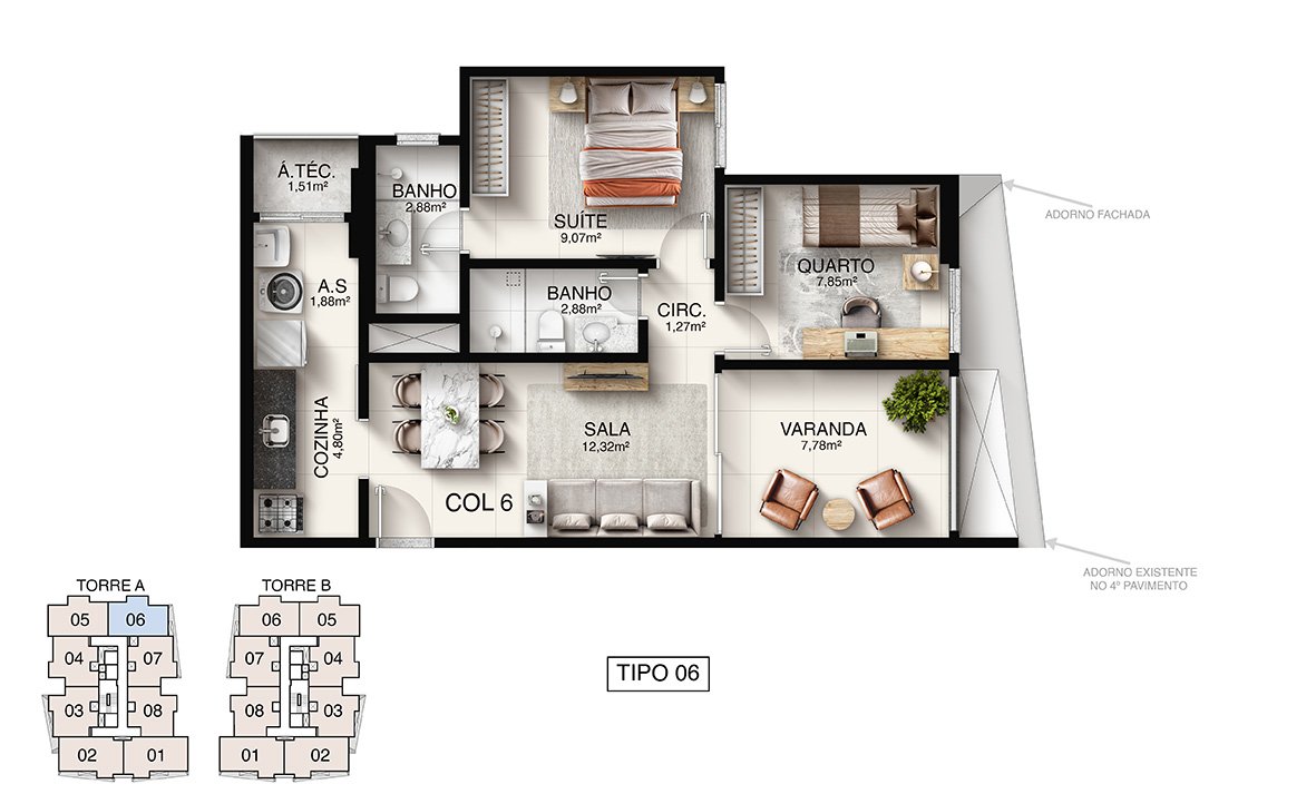 Planta Humanizada Tipo 06 - 2 Quartos com Suíte (60,58 m²) - Macan Residence