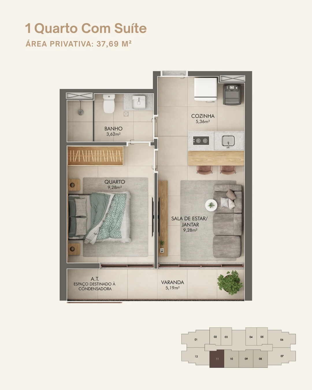 Planta 1 Quarto c/ Suíte - Coluna 11 (37,69 m²)