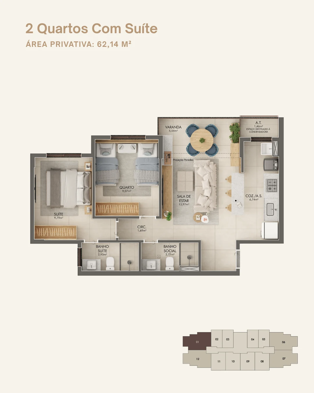 Planta 2 Quartos c/ Suíte - Coluna 01 (62,14 m²)