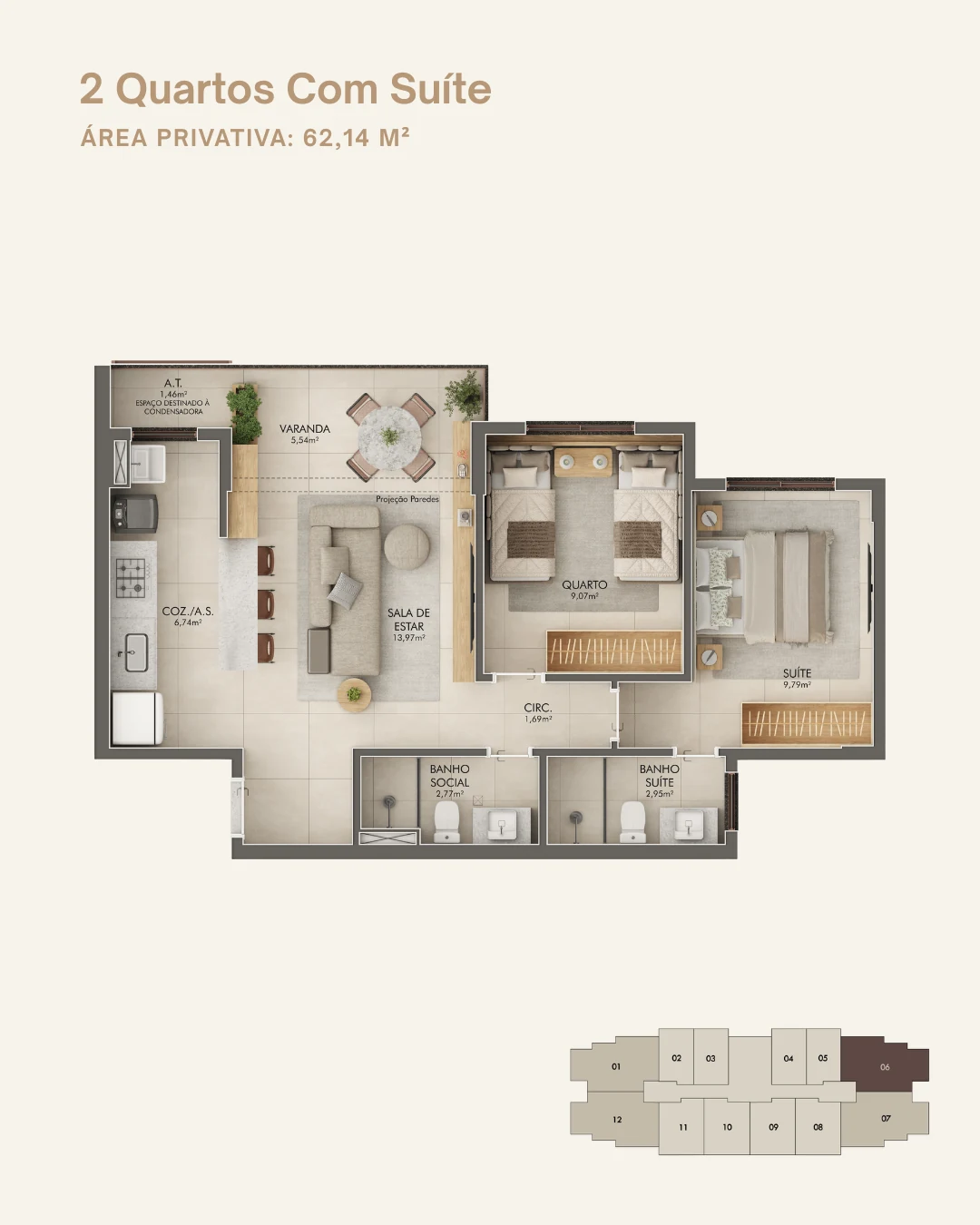Planta 2 Quartos c/ Suíte - Coluna 06 (62,14 m²)