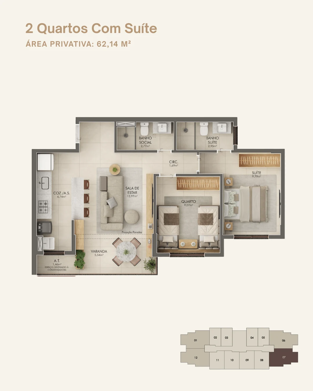 Planta 2 Quartos c/ Suíte - Coluna 07 (62,14 m²)