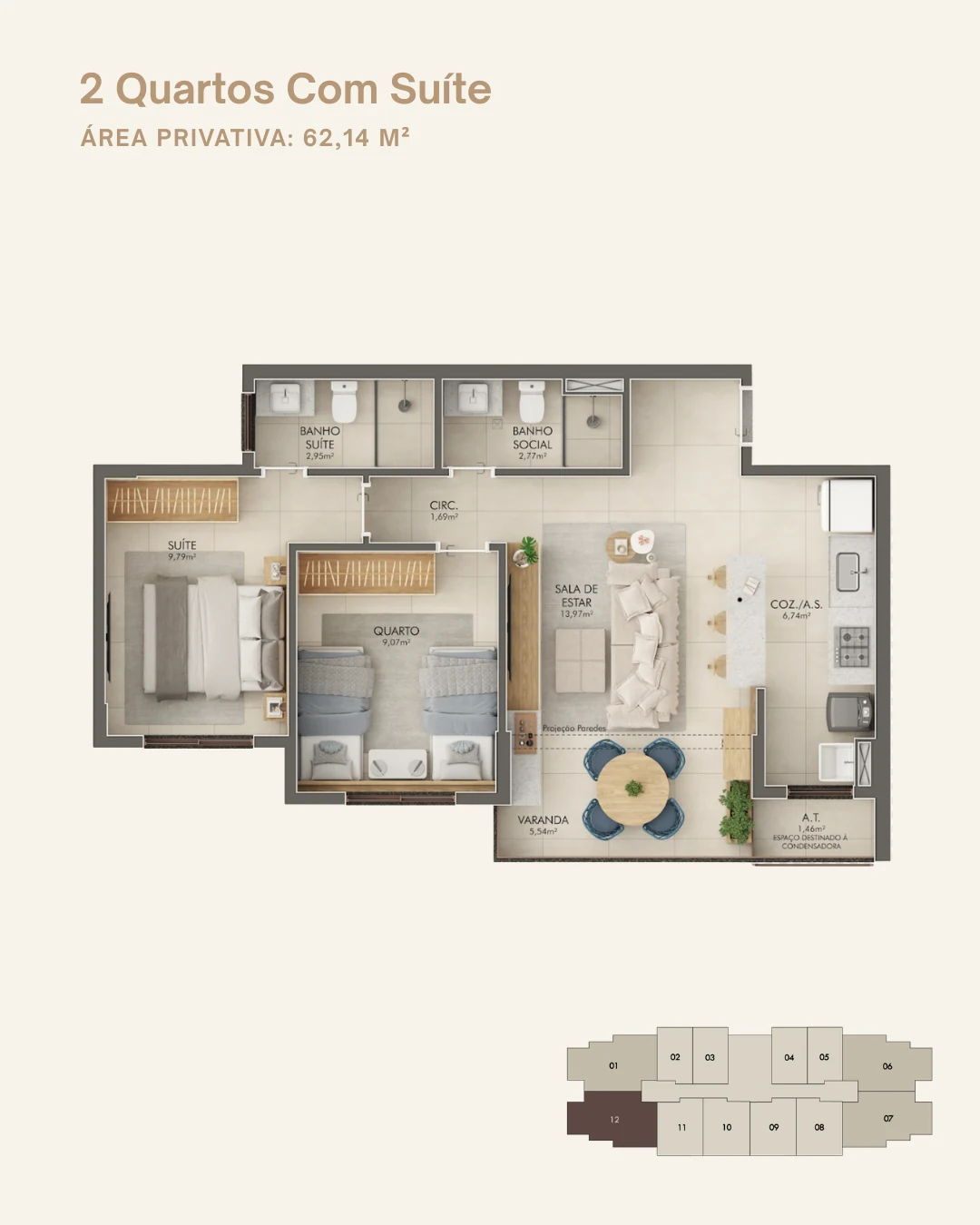 Planta 2 Quartos c/ Suíte - Coluna 12 (62,14 m²)