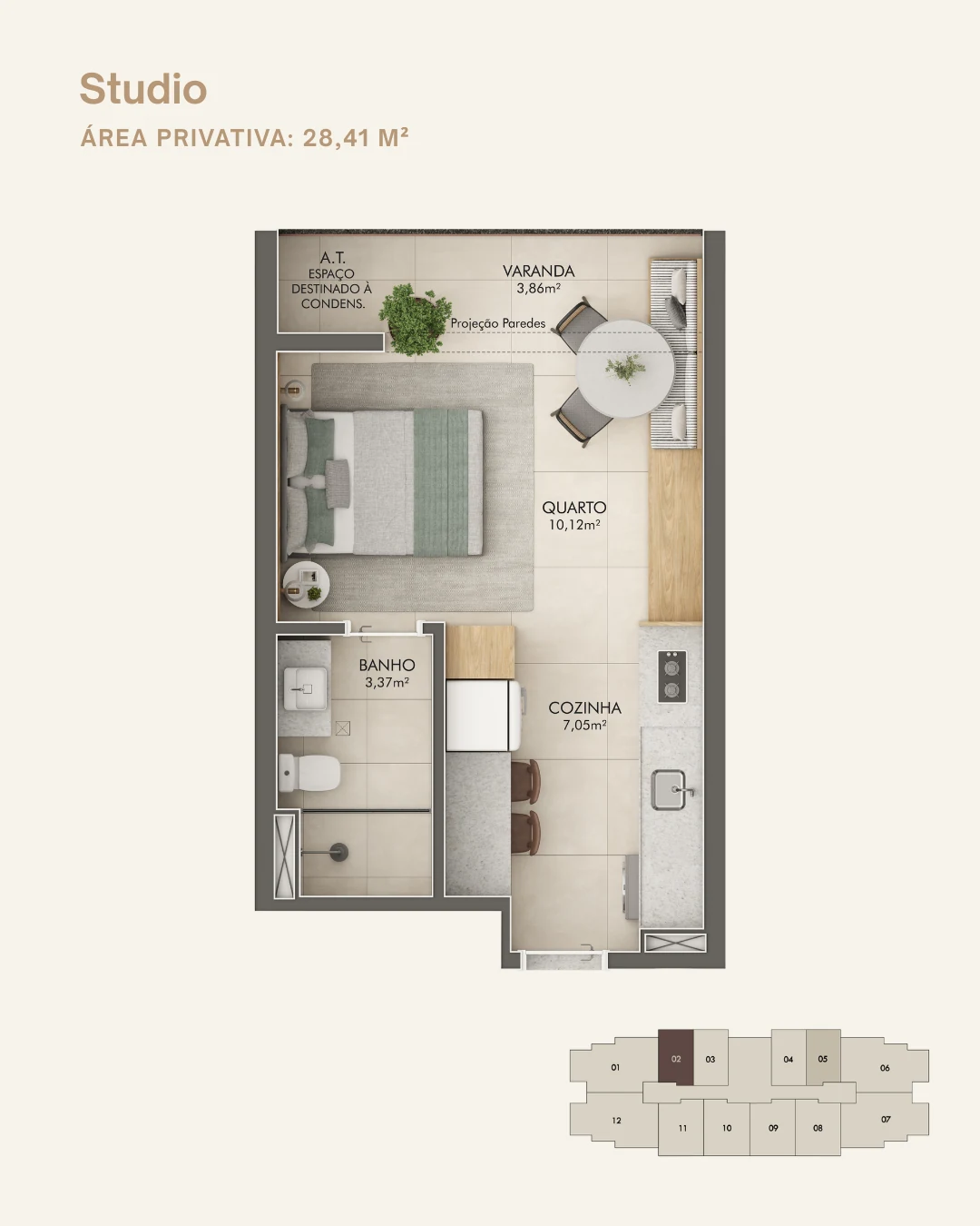 Planta Studio - Coluna 02 (28,41 m²)