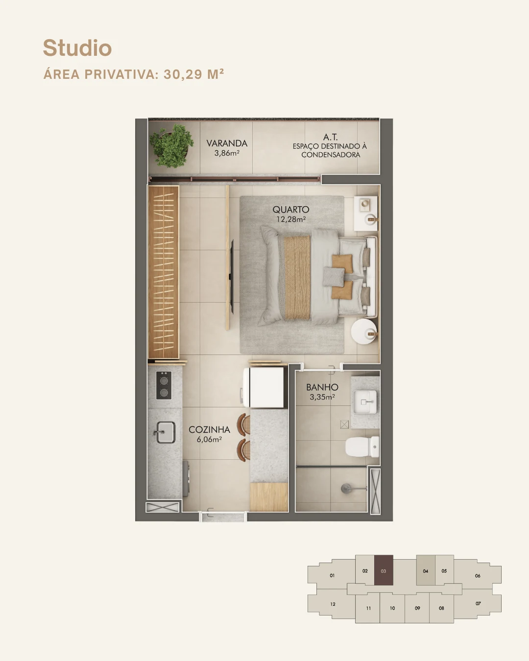 Planta Studio - Coluna 03 (30,29 m²)