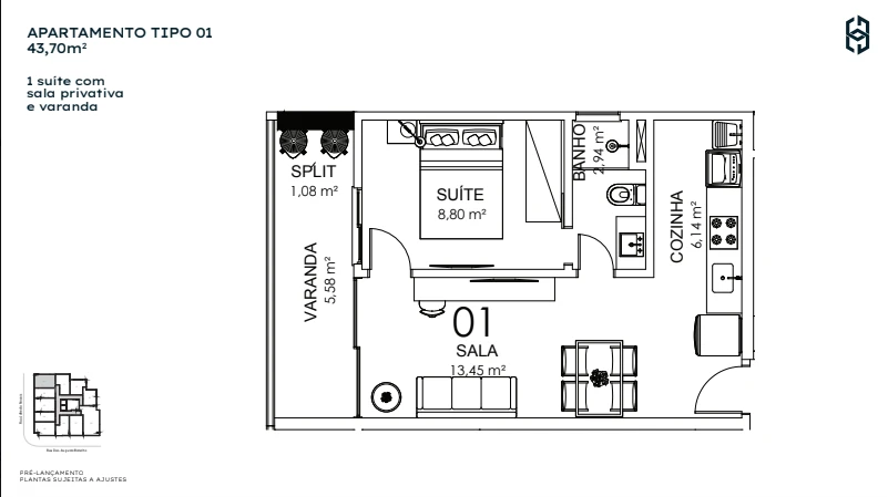 1 Quarto c/ Suíte Coluna 01 - 43,70 m²