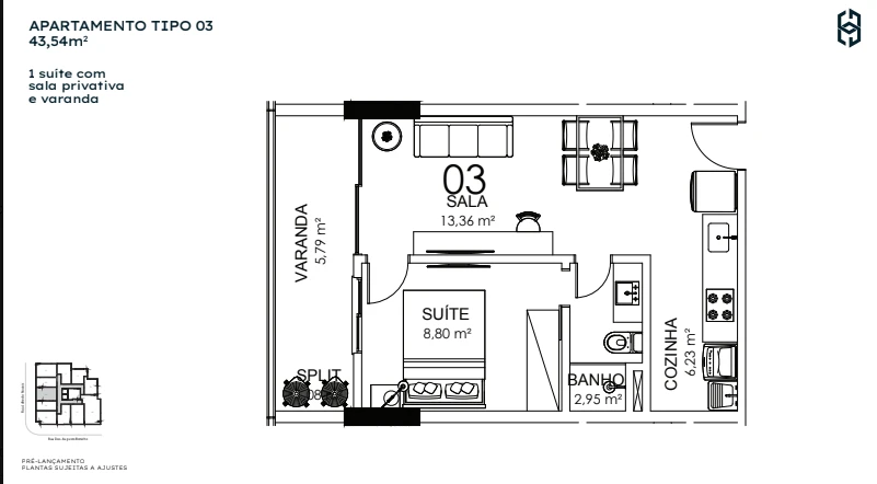 1 Quarto c/ Suíte Coluna 03 - 43,26 m²