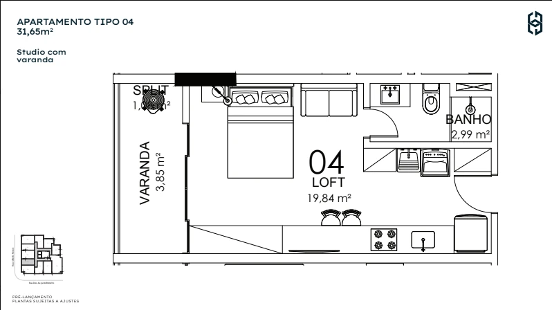 1 Quarto c/ Suíte Coluna 04 - 43,26 m²