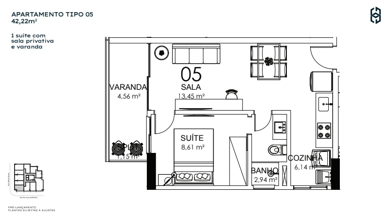 1 Quarto c/ Suíte Coluna 05 - 42,22 m²