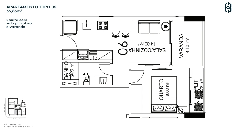 1 Quarto c/ Suíte Coluna 06 - 36,63 m²