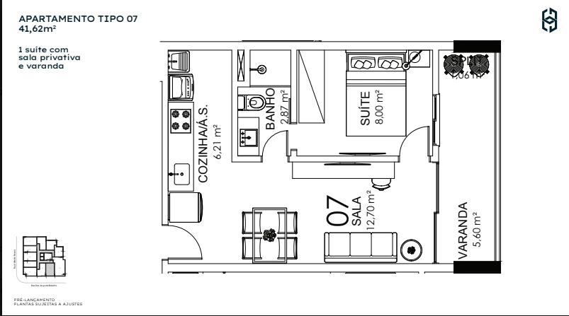 1 Quarto c/ Suíte Coluna 07 - 38,76 m²
