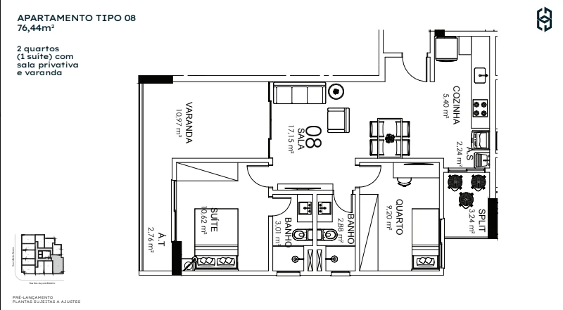 2 Quartos c/ Suíte Coluna 08 - 76,44 m²