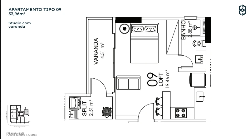Studio Coluna 09 - 33,96 m²