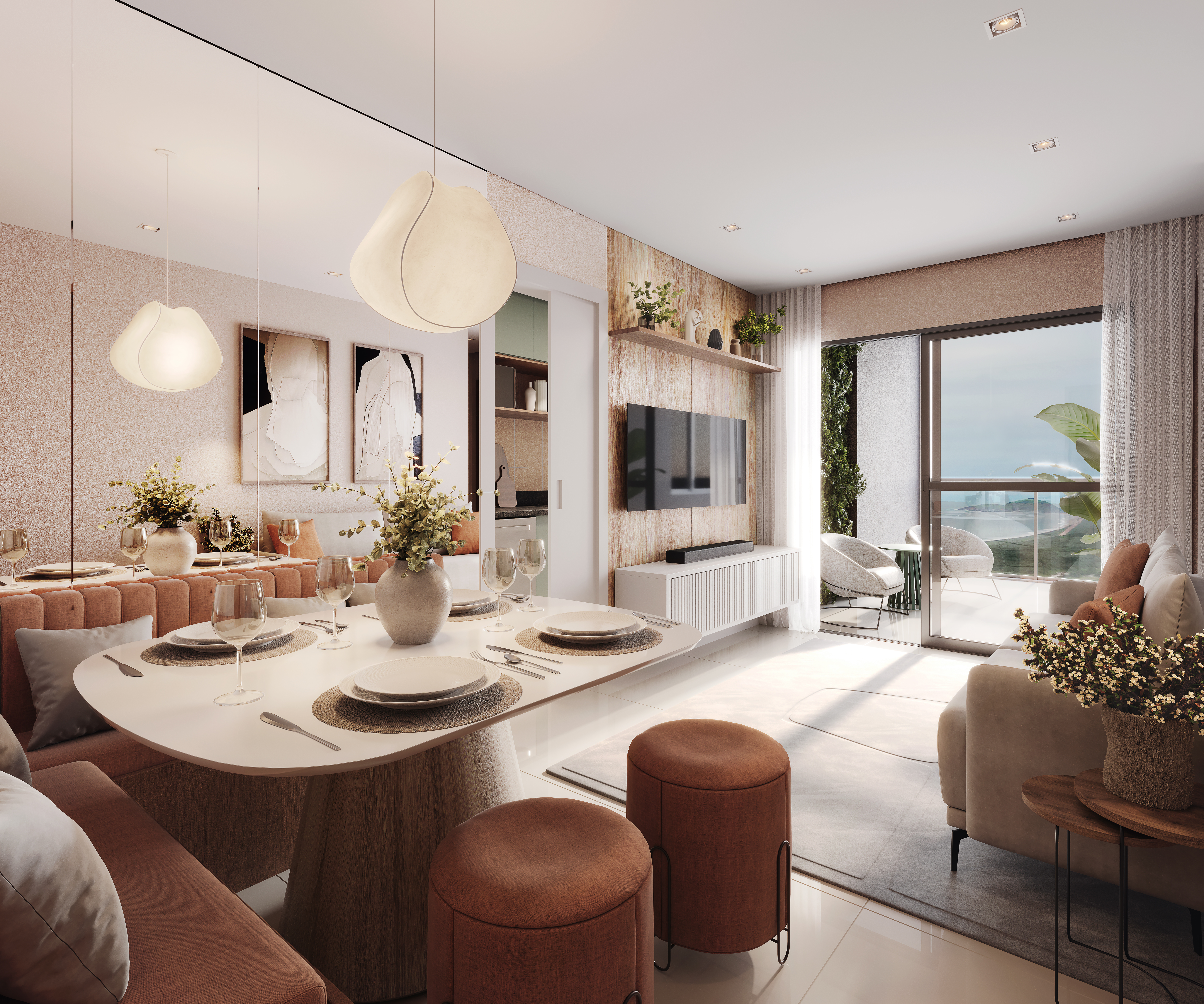 Living integrado amplo com sala de estar, jantar e varanda