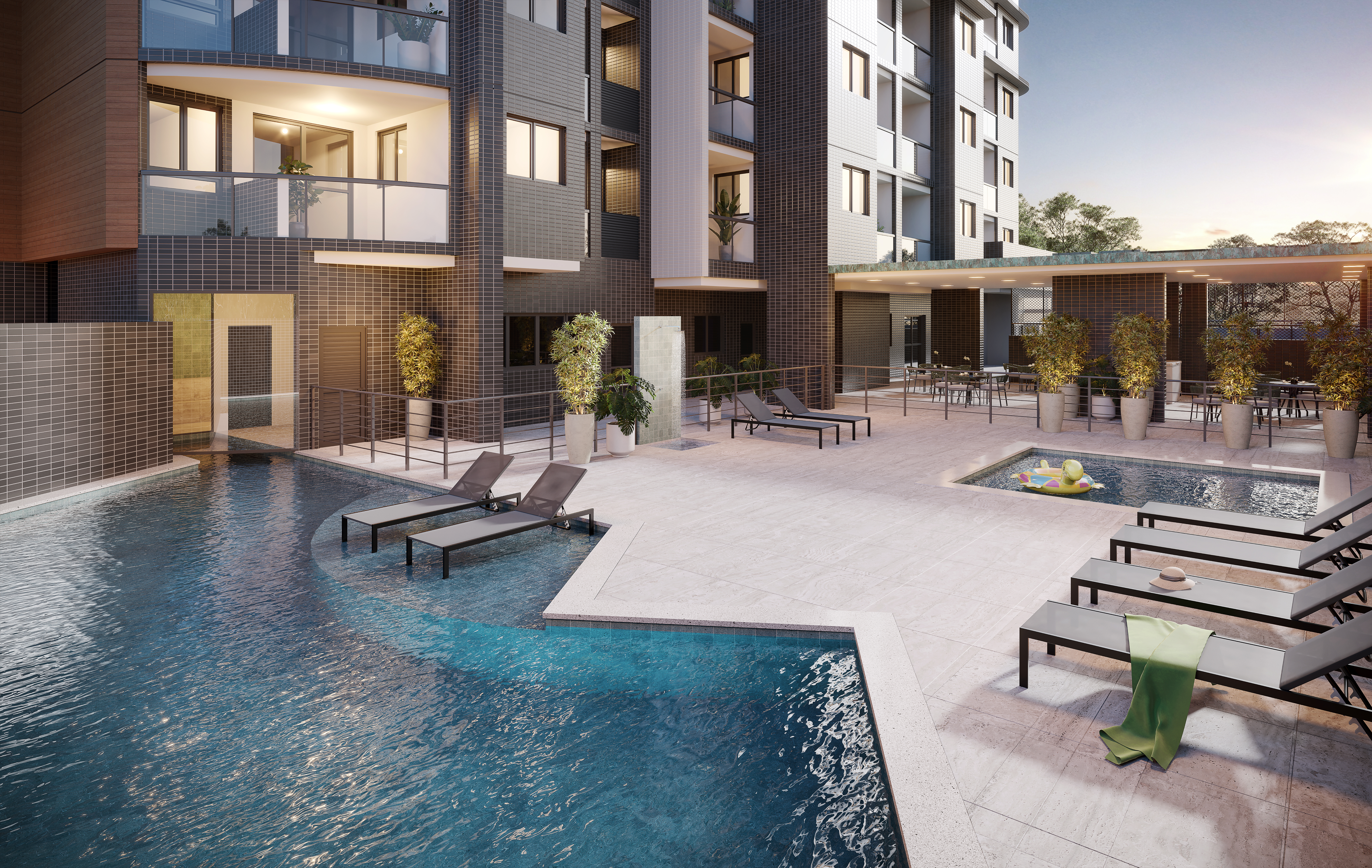 Piscina adulto com raia, prainha, deck molhado e piscina infantil