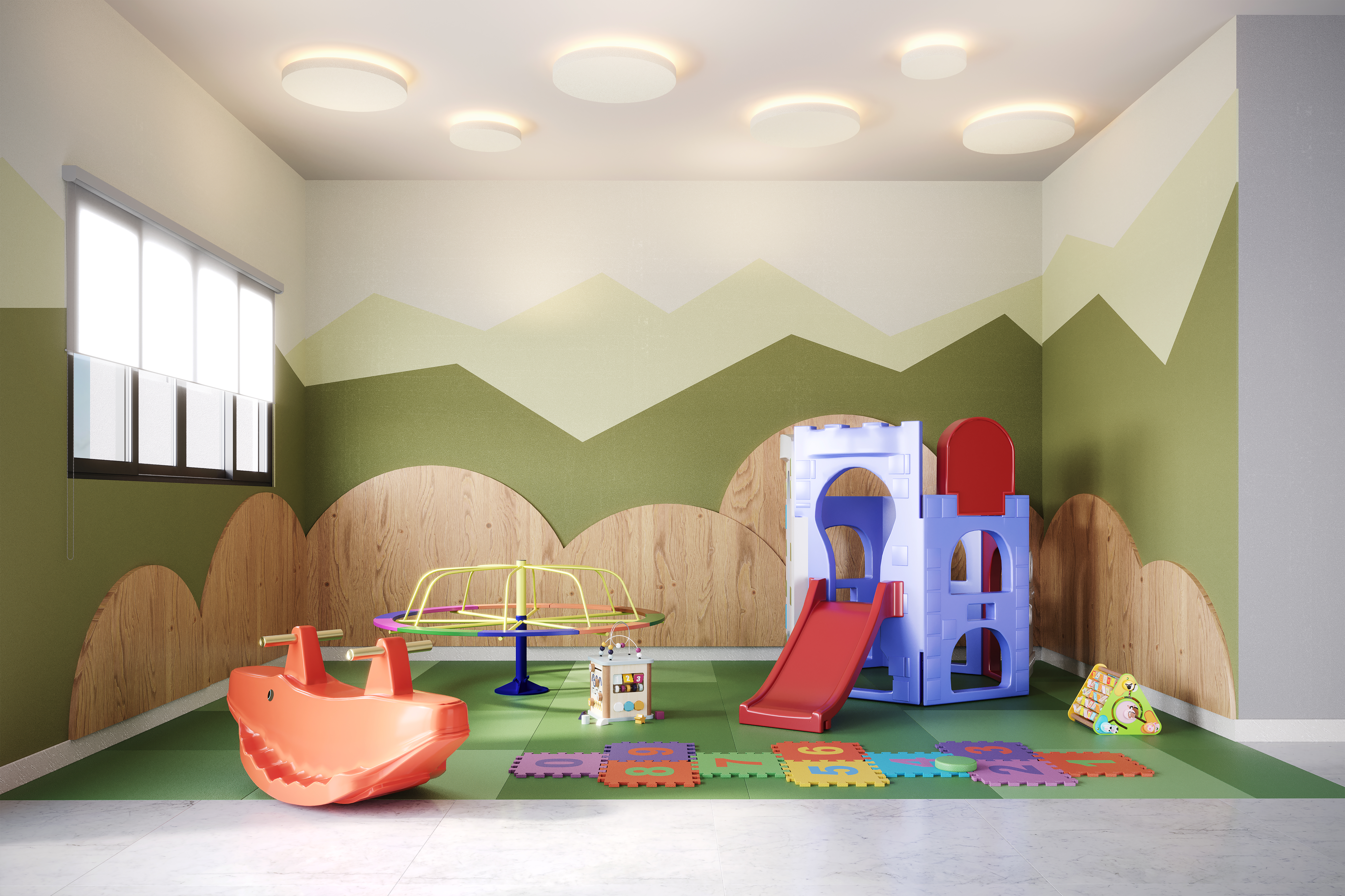Playground infantil externo com brinquedos seguros